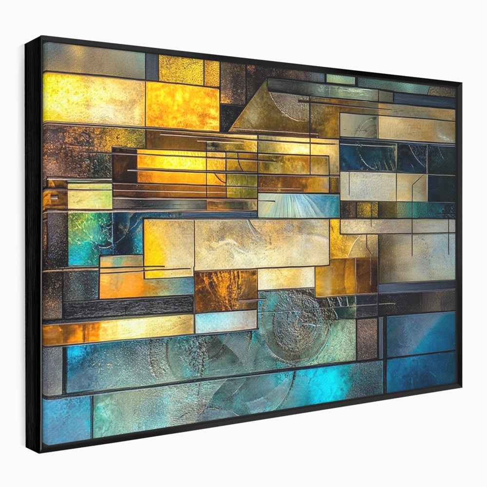 Tablou canvas cu tablou abstract geometric cu texturi metalice, in rama de aluminiu negru